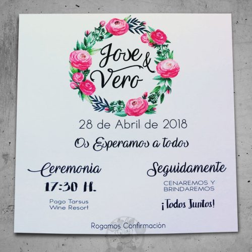 Invitación Cuadrada Jose y Vero Detalles de boda en papel con diseño personalizado