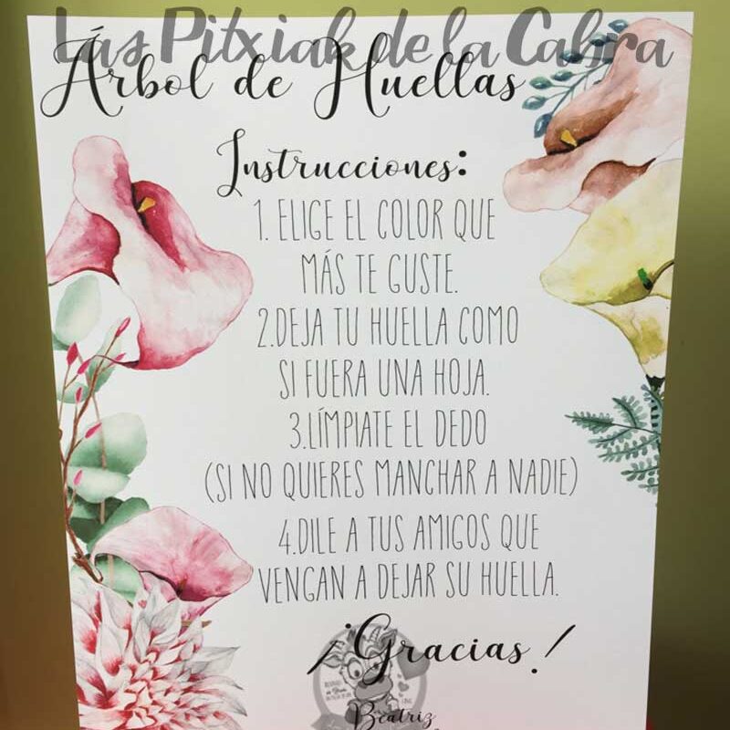 Cartel para bodas con instrucciones para el árbol de huellas calas