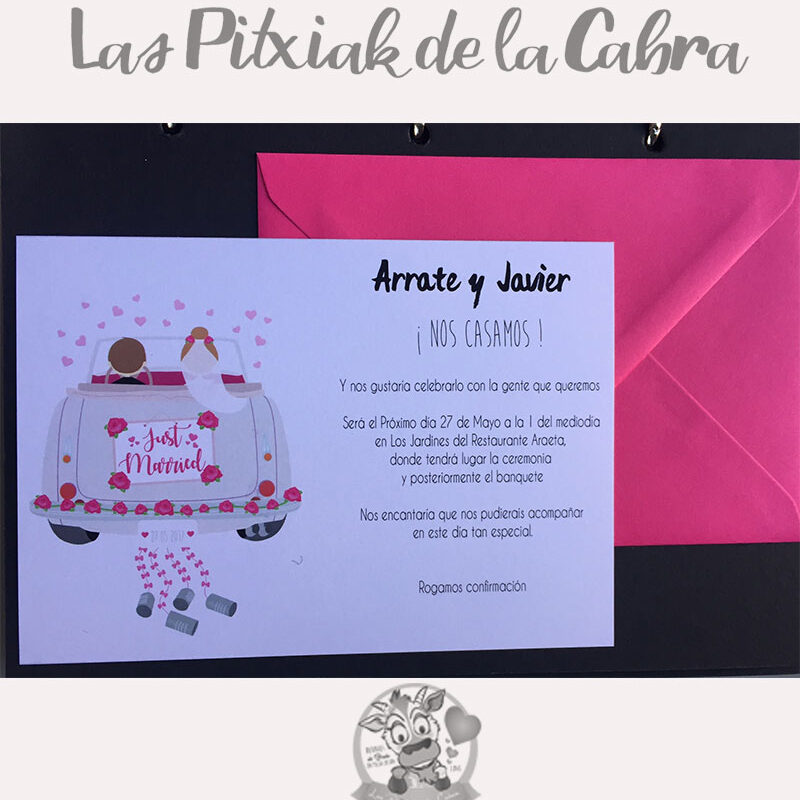 Invitación Arrate & Javier de bodas con coche de novios rosa