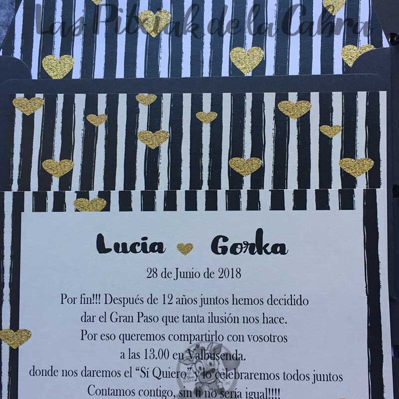 Invitación Lucia & Gorka de bodas rayas y corazones