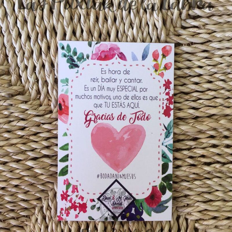 Tarjetas de agradecimiento para bodas corazón y flores