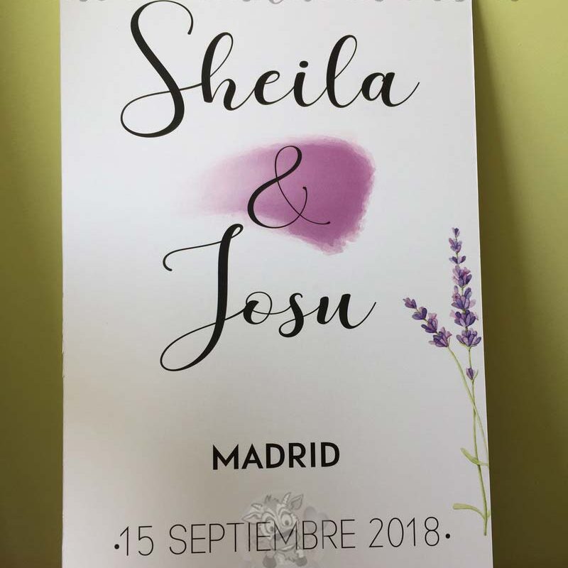 Cartel bienvenidos a boda nombres y lavanda
