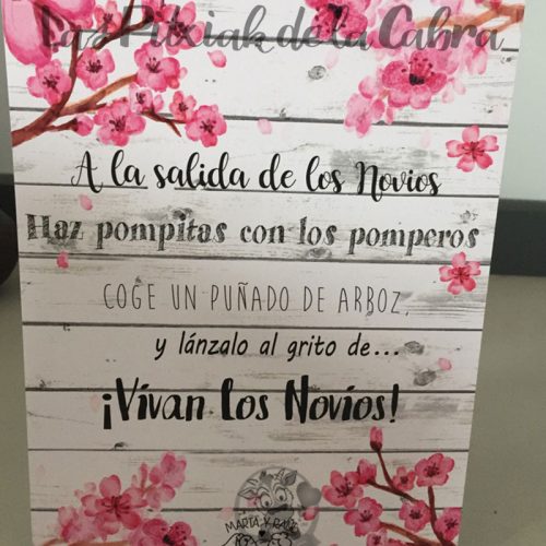 Cartel para bodas pomperos con flor de almendro