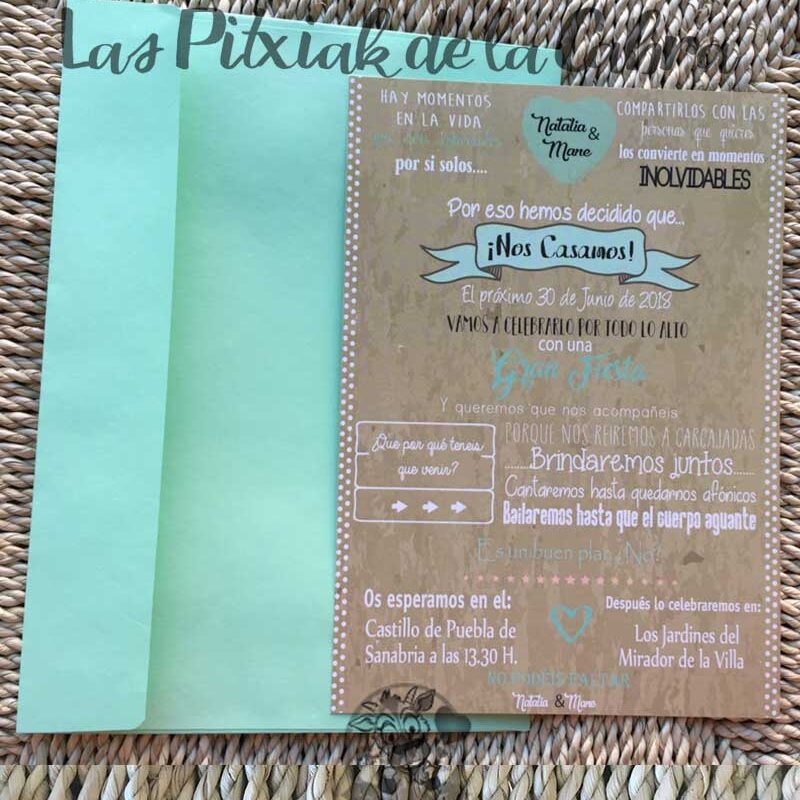 Invitación Natalia y Mane de boda con diseño marrón y verde menta