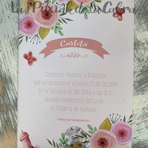 Invitación Bautizo Carlota sin sobre Invitación de flores para bautizo con biberón