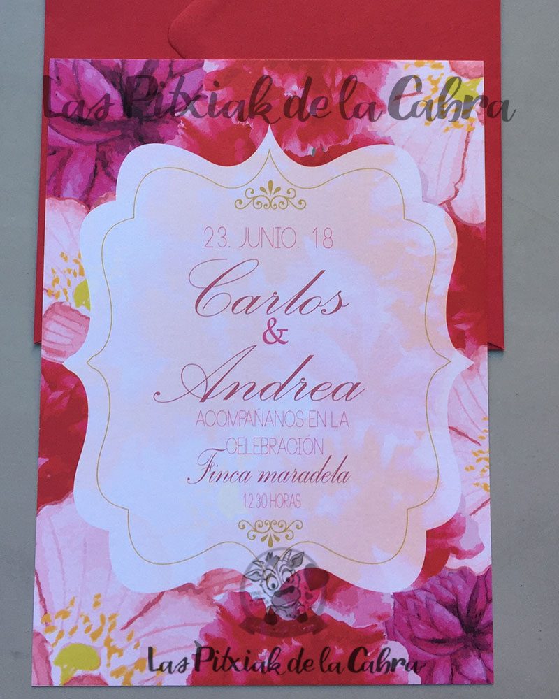 Invitación Carlos y Andrea de boda flores rojas