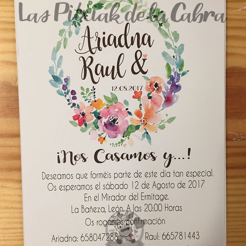 Invitación Ariadna y Raúl de boda con corona de flores acuarela