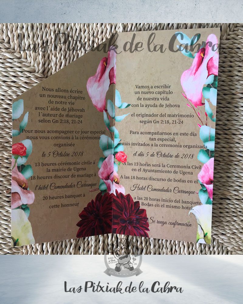 Invitación de boda con plantas en español y francés