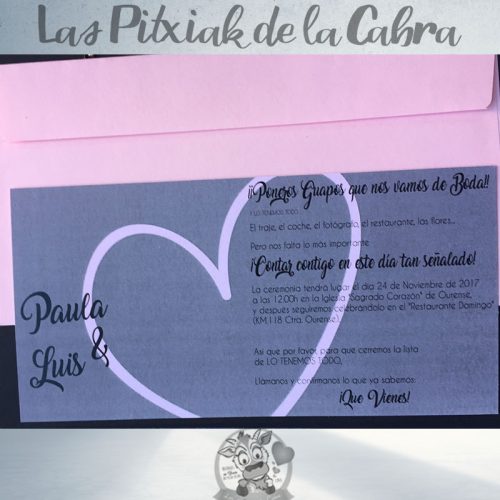 Invitaciones de boda corazón en rosa y gris