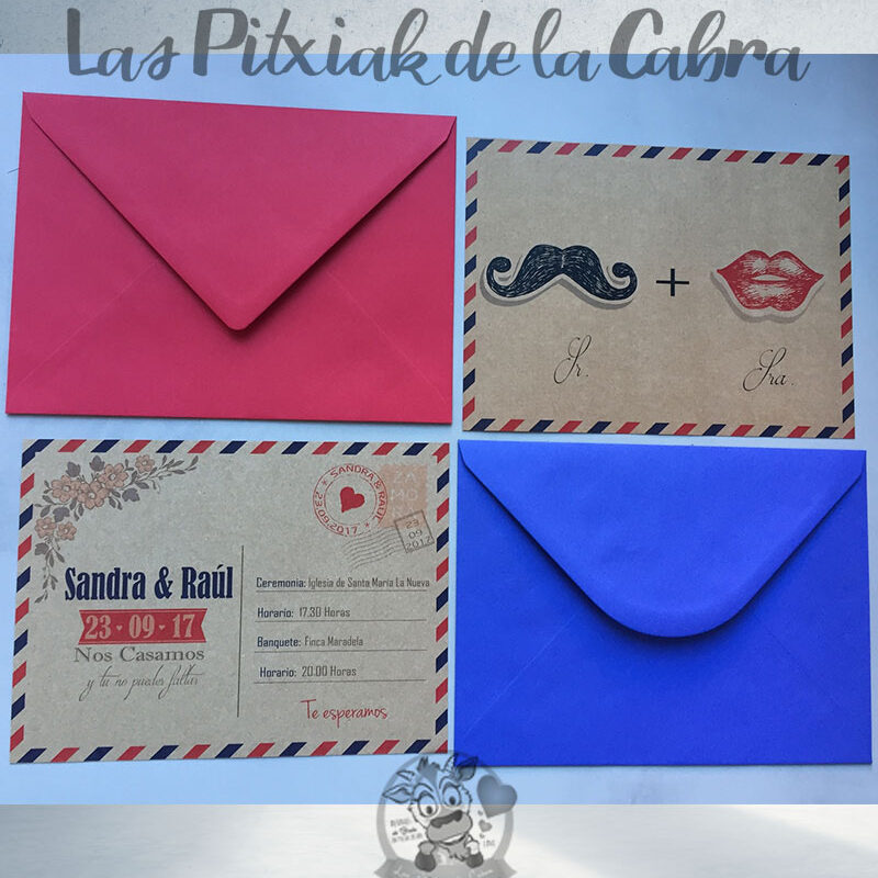 Invitación Sandra y Raúl Kraft de boda postal bigote y labios