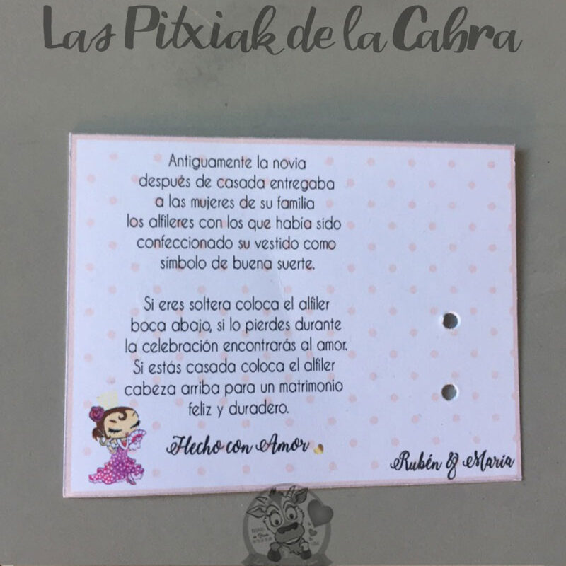 Tarjeta Alfiler Rubén y María Tarjeta para alfileres con leyenda novia flamenca