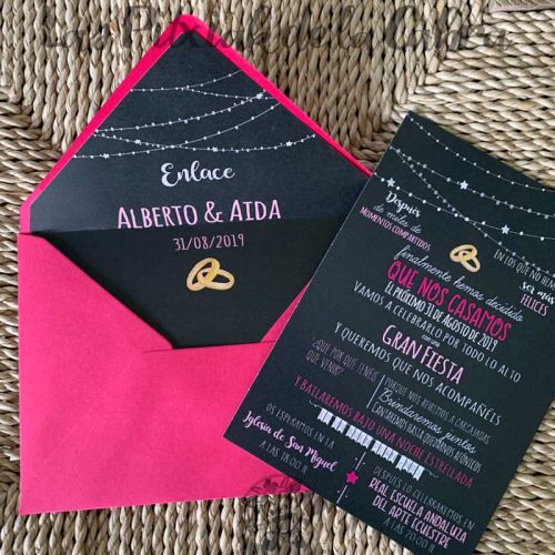 Invitación Aida y Alberto de boda con sobre forrado